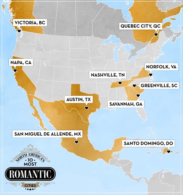 Mapa de las 10 ciudades más románticas de América del Norte