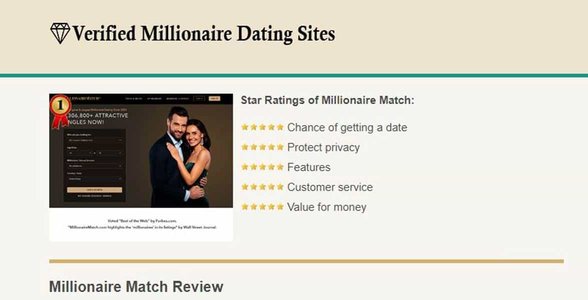Capture d'écran des sites de rencontres de millionnaires vérifiés