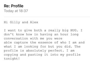 Capture d'écran d'un e-mail d'un client Profile Pimpers